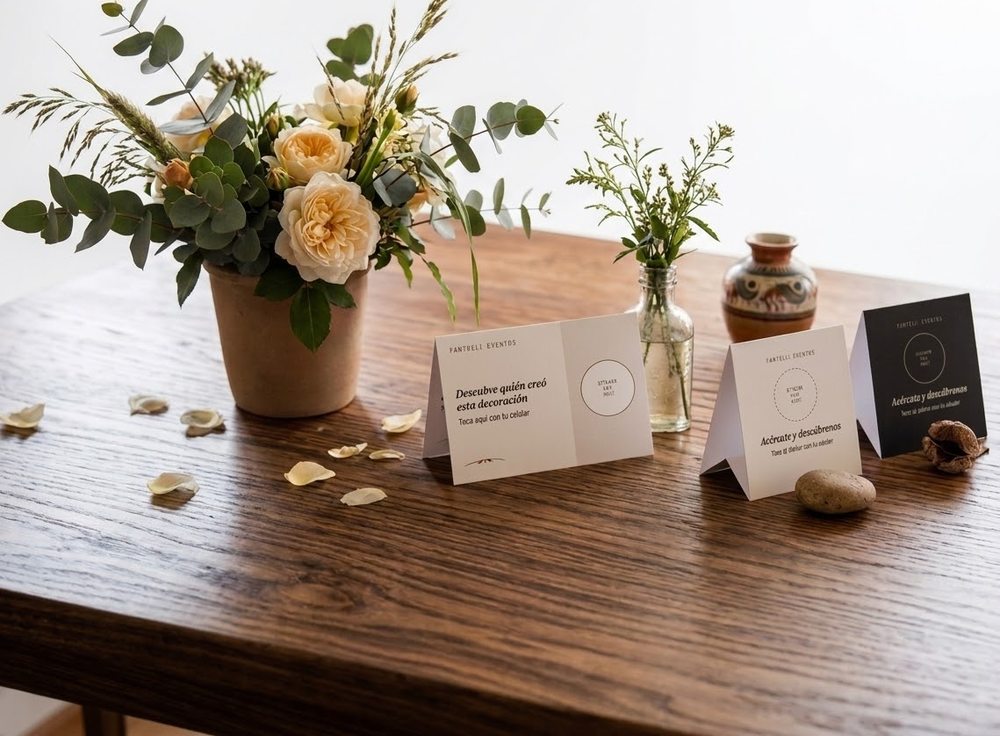 Los tres formatos de tarjeta montados sobre una mesa junto a un arreglo de rosas y eucalipto