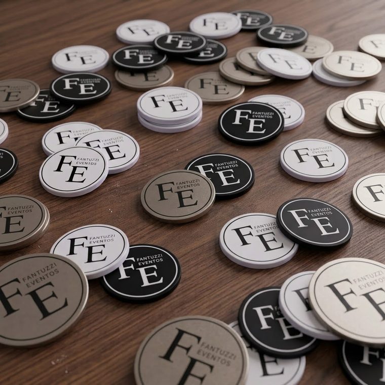Stickers NFC impresos con el monograma de la marca, en versión clara, oscura y arena