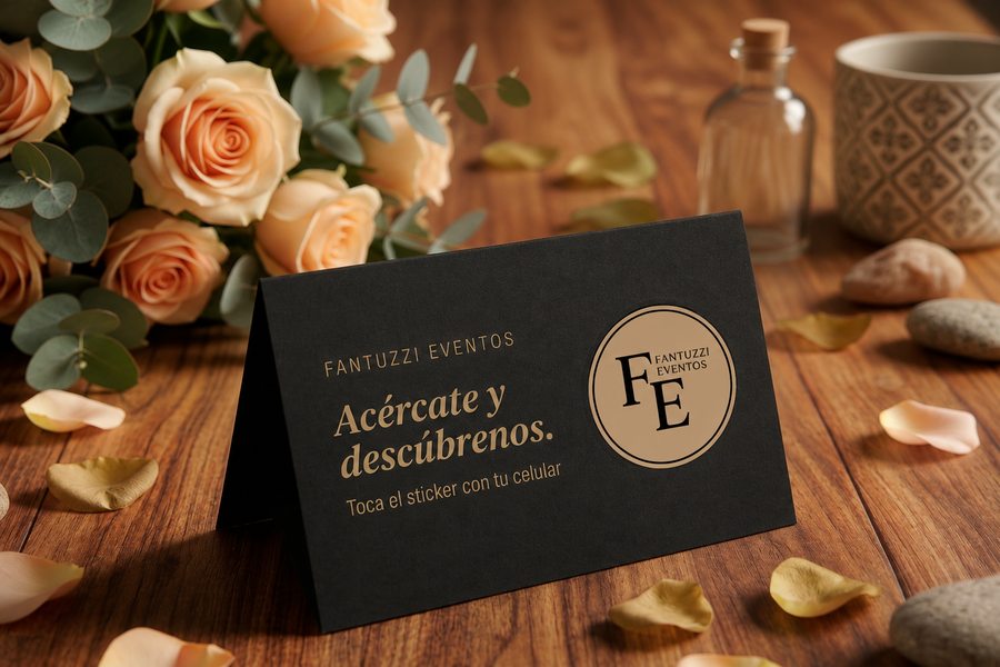 Tarjeta de mesa oscura con el sticker NFC dorado, montada junto a un arreglo de rosas y eucalipto